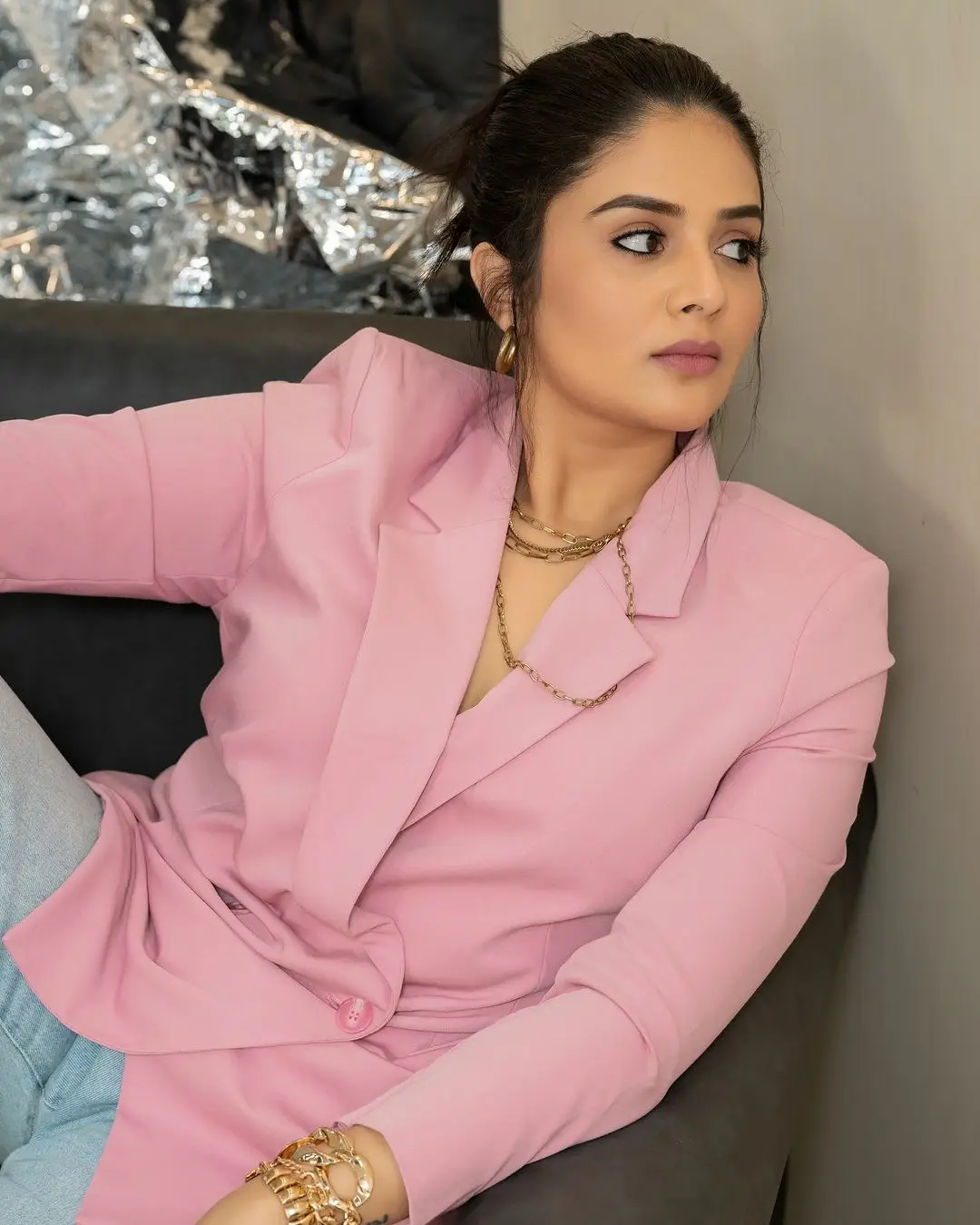 Gemini TV Anchor Sreemukhi Stills In Pink Coat Blue Jeans